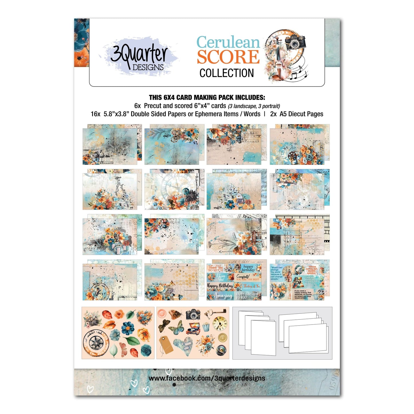 3Quarter Designs - 6x4 Card Making Pack Cerulean Score - The Crafty Kiwi