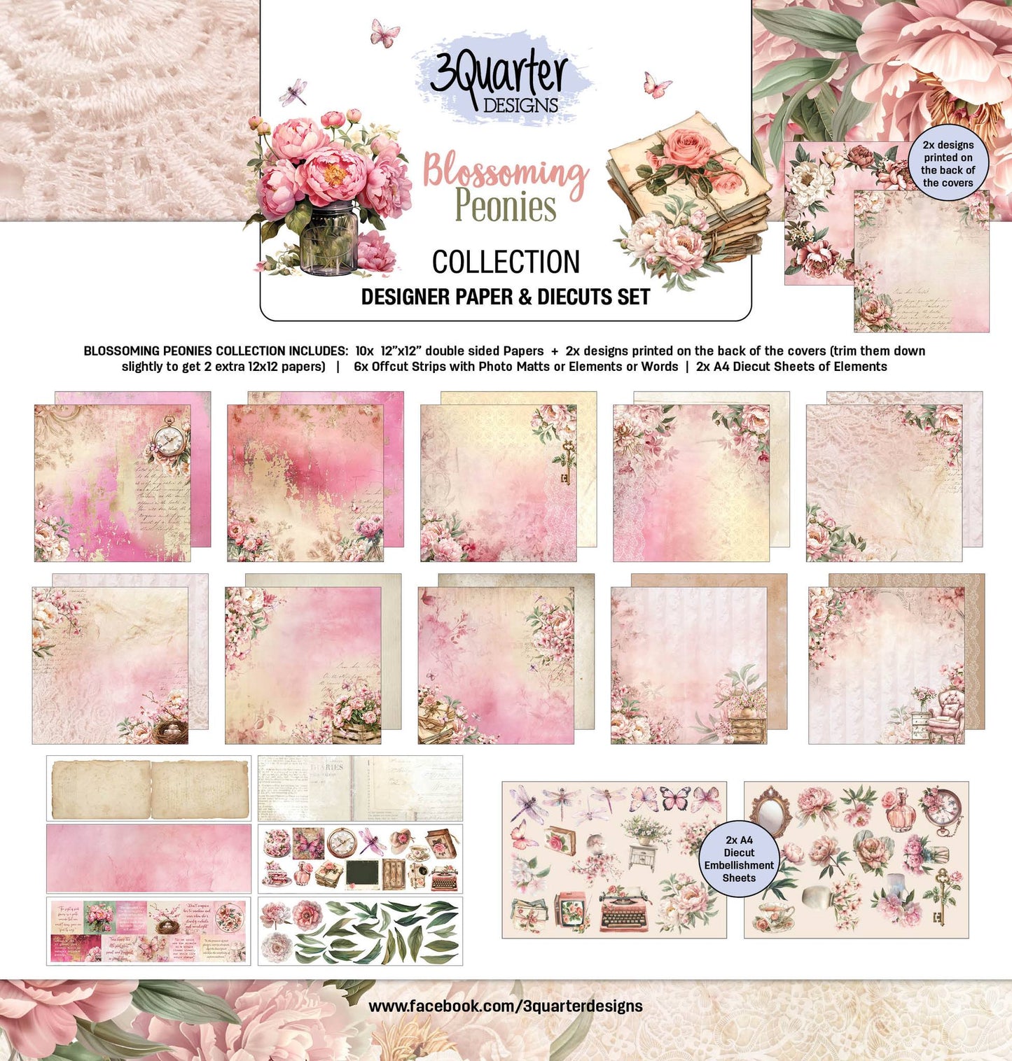 3Quarter Designs - Blossoming Peonies 12x12 Paper Pack - The Crafty Kiwi