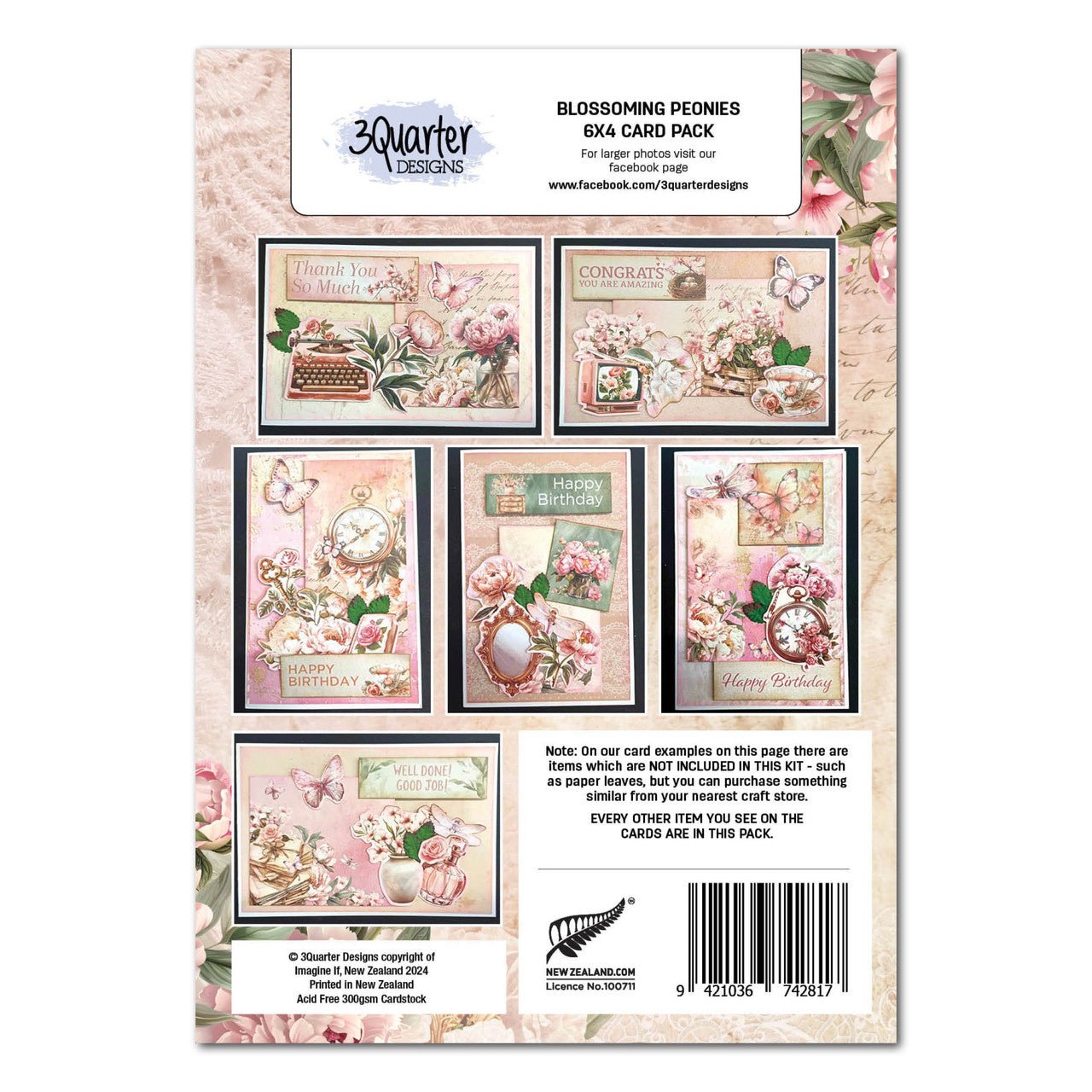 3Quarter Designs - Blossoming Peonies 6x4 Card Making Pack - The Crafty Kiwi