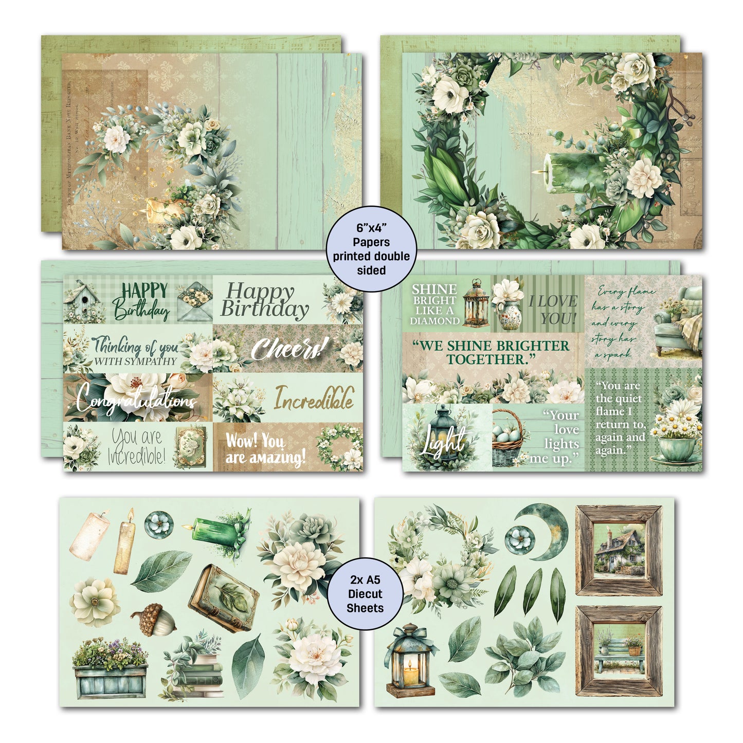 3Quarter Designs - 6x4 Card Making Pack - Sage Candlelight