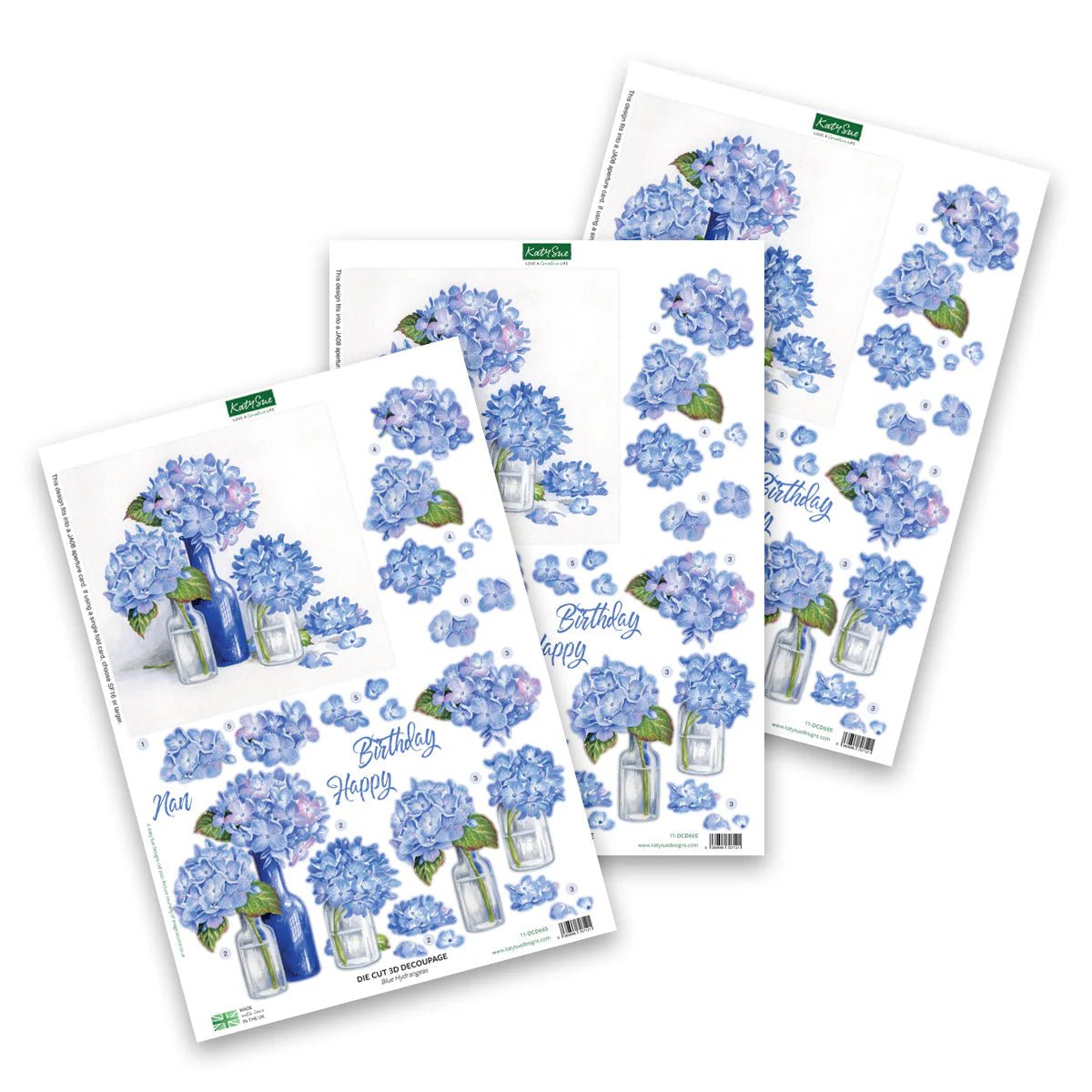 Katy Sue - 3D Die Cut Decoupage - Blue Hydrangeas (1/sheet) - The Crafty Kiwi