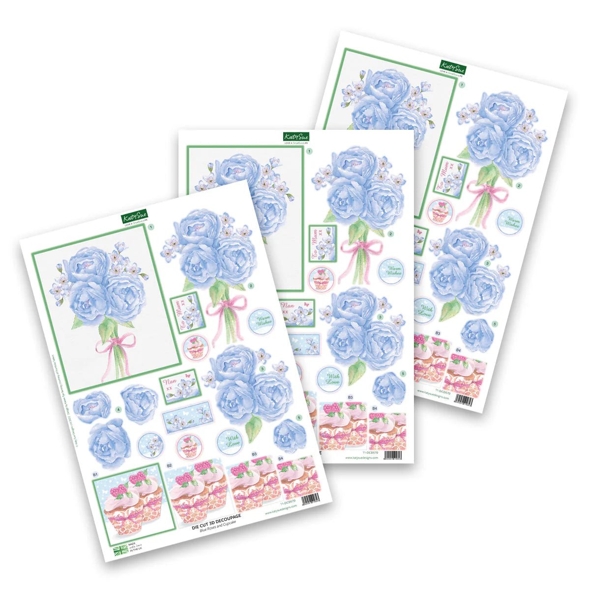 Katy Sue - 3D Die Cut Decoupage - Blue Roses & Cupcake (1/sheet) - The Crafty Kiwi