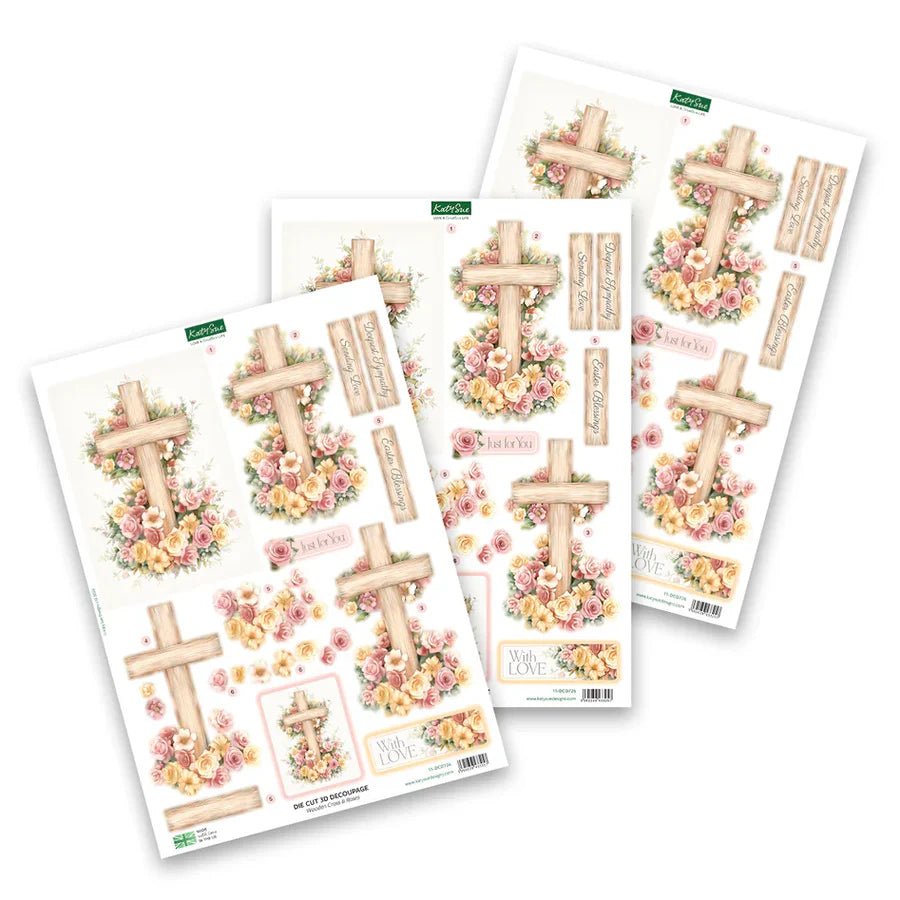 Katy Sue - 3D Die Cut Decoupage - Wooden Cross & Roses (1/sheet) - The Crafty Kiwi