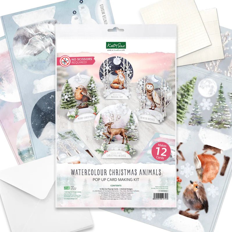 Katy Sue - Pop Up Card Making Kit - Watercolour Christmas Animals (4/designs) - The Crafty Kiwi