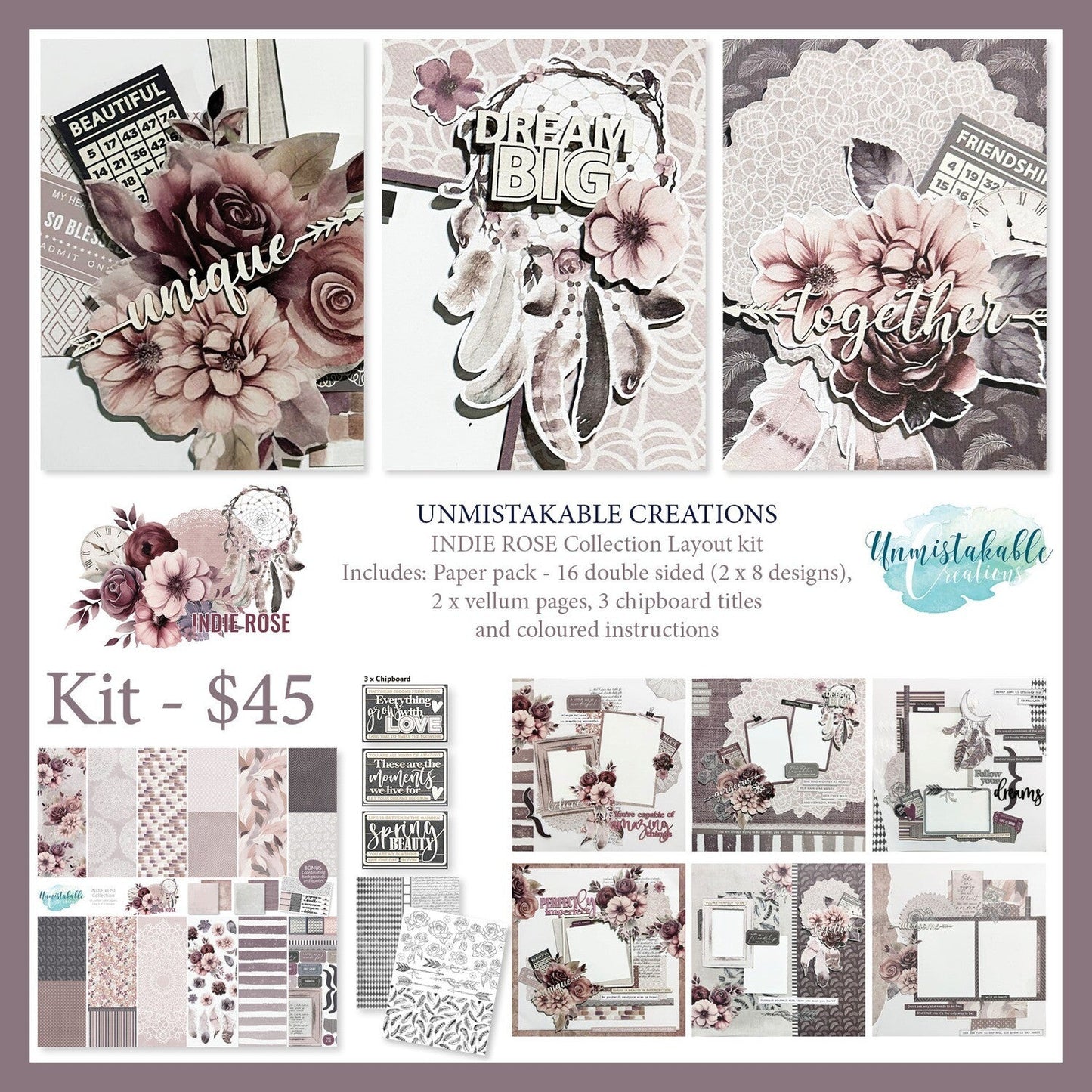 Unmistakable Creations - INDIE ROSE Collection Layout Kit - The Crafty Kiwi