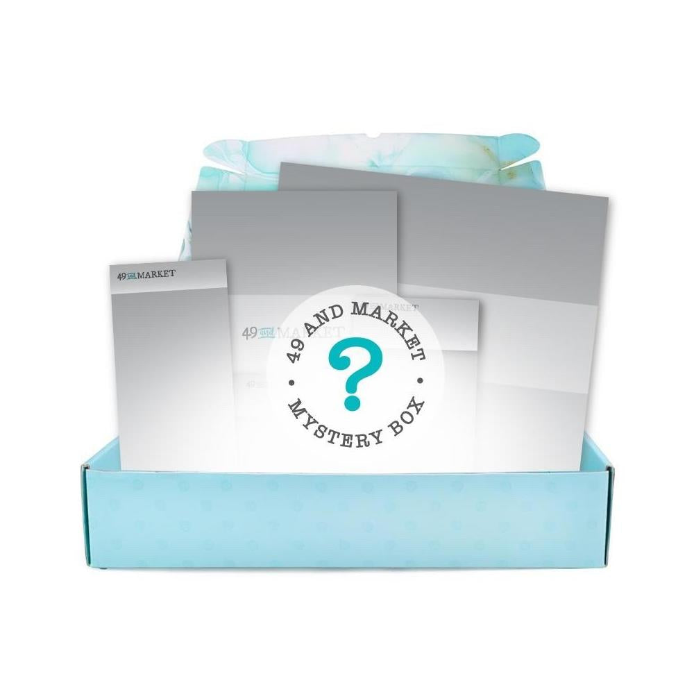 Mystery box with gray envelopes and a branded label on a white background