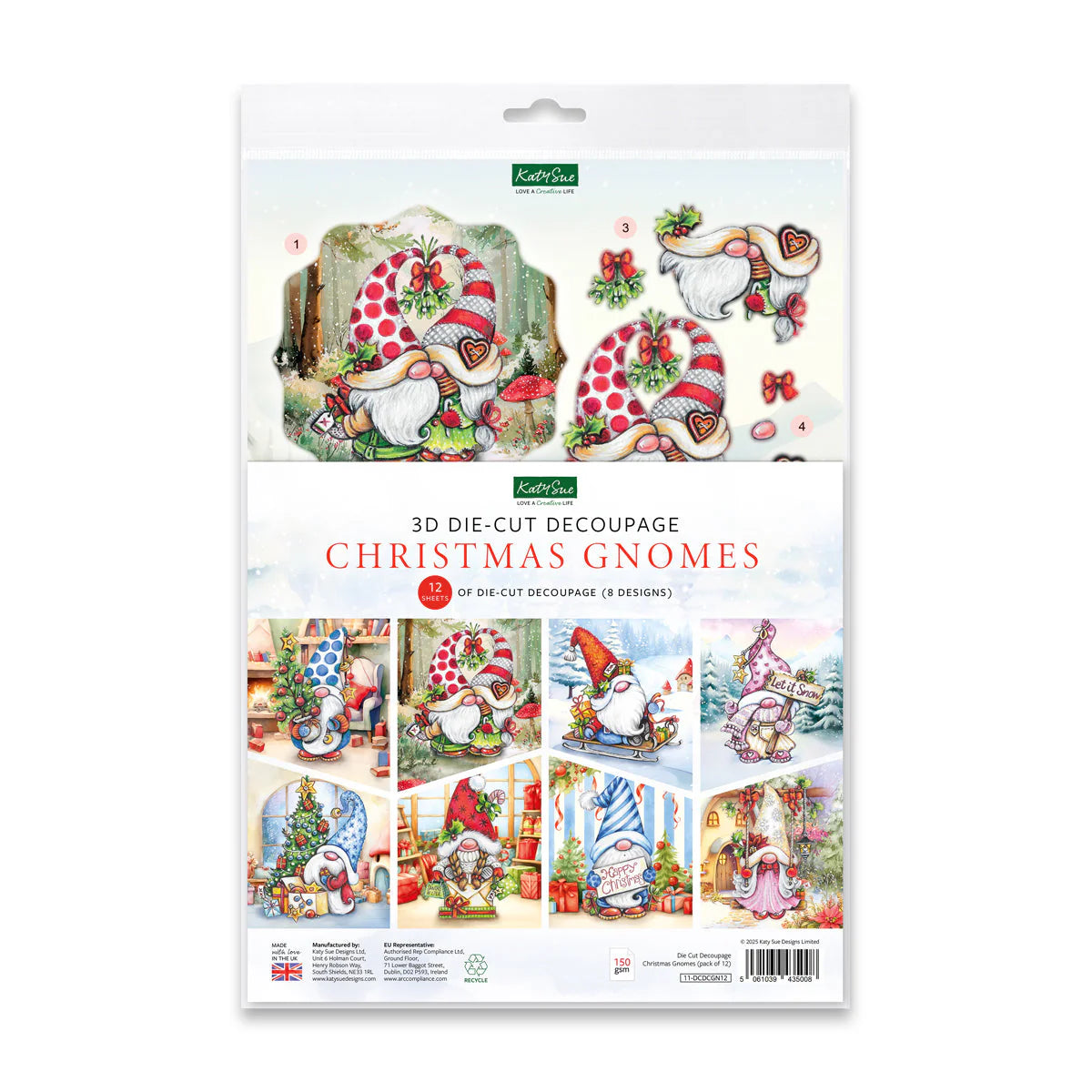 Katy Sue -Die Cut Decoupage – Christmas Gnomes + matching Scenes (8/pack)