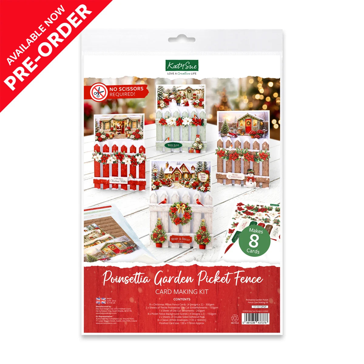 Katy Sue - Poinsettia Garden Picket Fence Card Making Kit (4/pack)