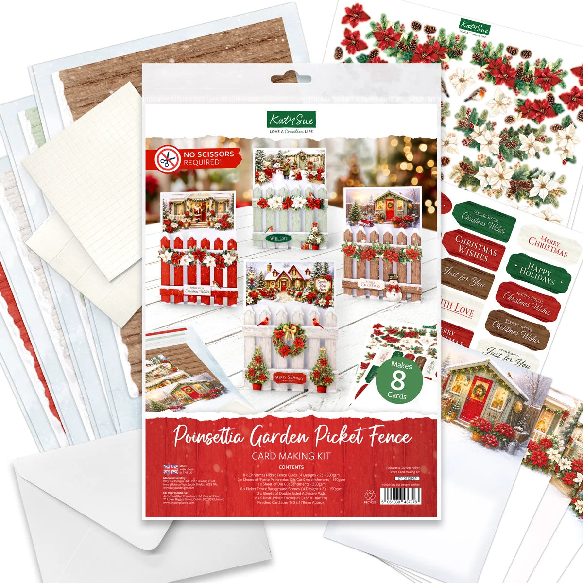 Katy Sue - Poinsettia Garden Picket Fence Card Making Kit (4/pack)