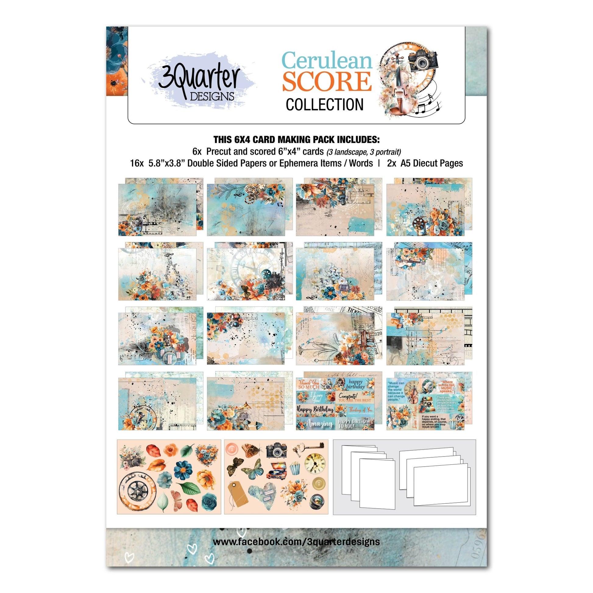 3Quarter Designs - 6x4 Card Making Pack Cerulean Score - The Crafty Kiwi