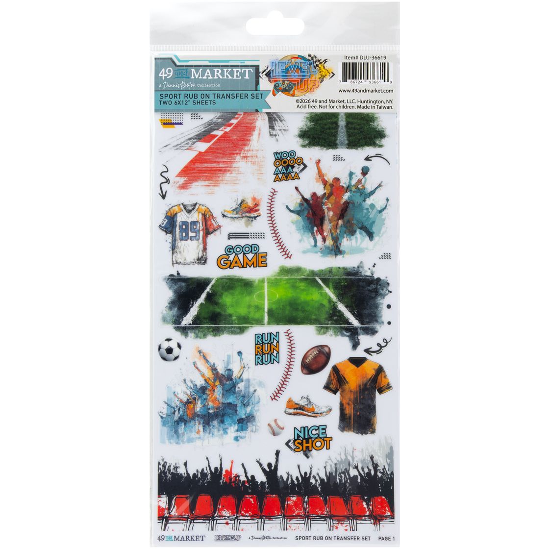 49 and Market - Level Up Sport - Rub-On Transfer Set 6"X12