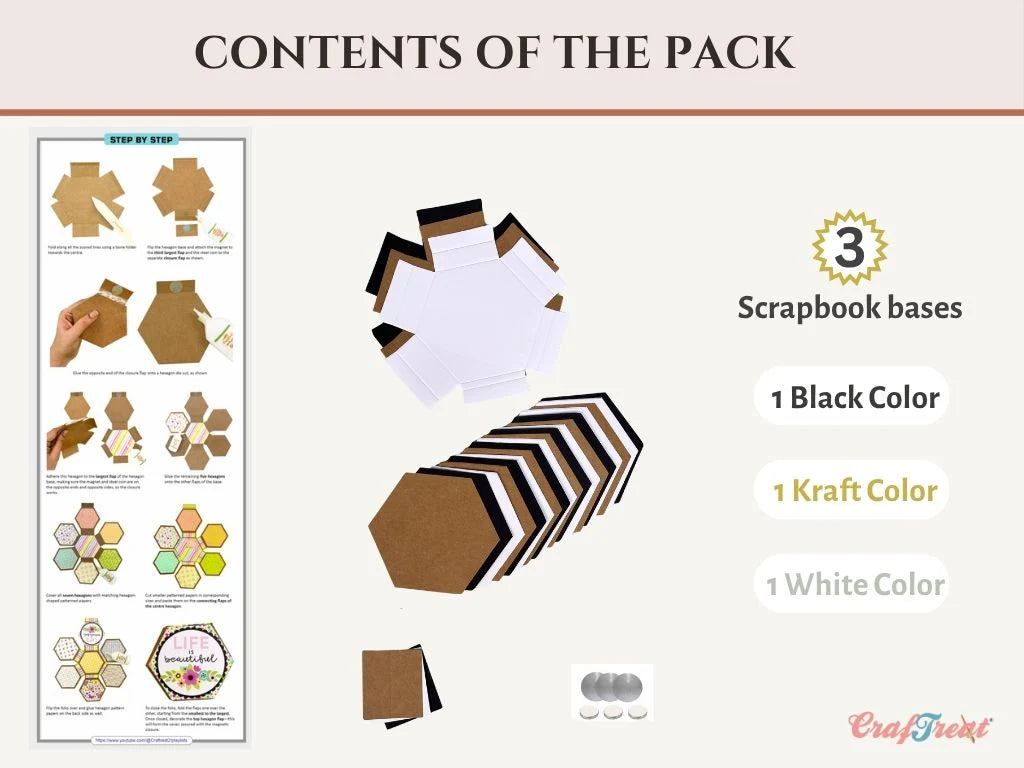 Craftreat - Scrapbook Blank Quick Folio - Hexagon Fold Out (3/pack, black, white, kraft)