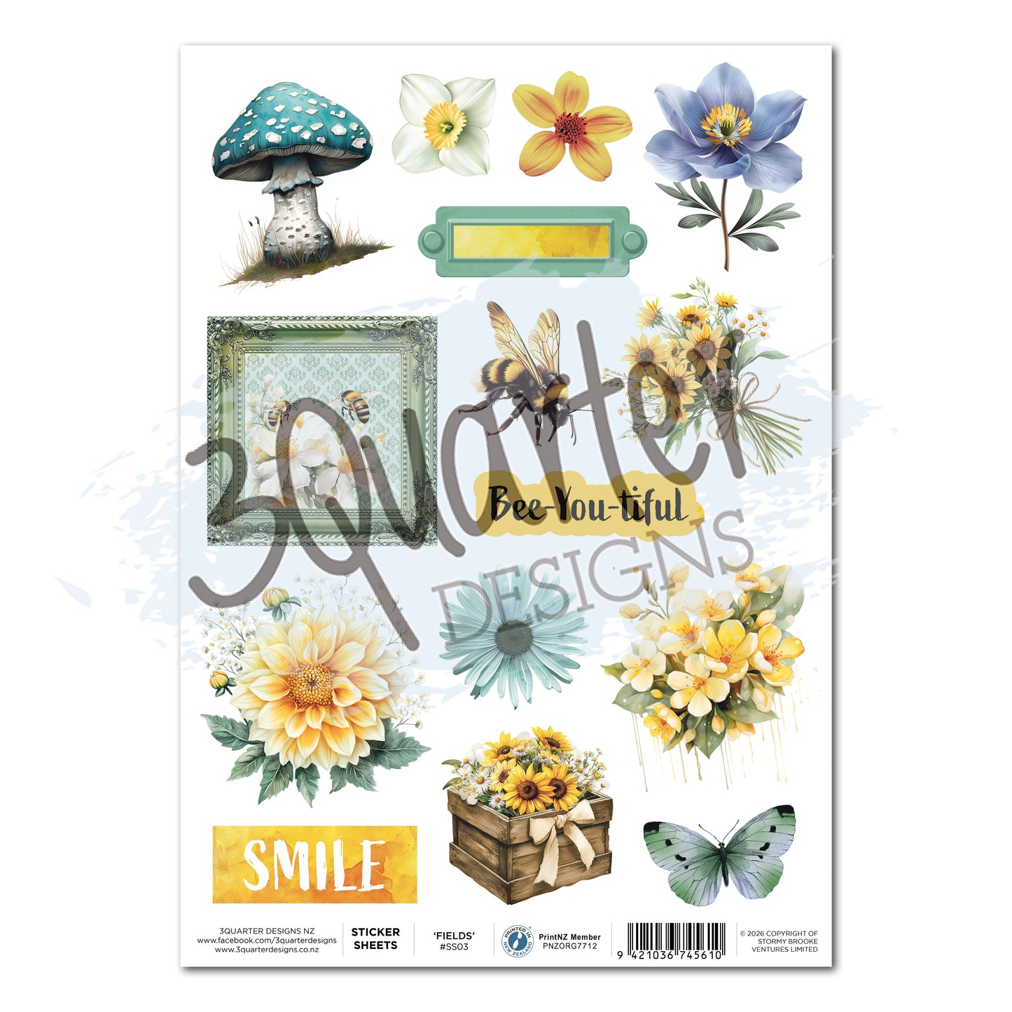 3Quarter Designs - Sticker Sheet - Honey Fields