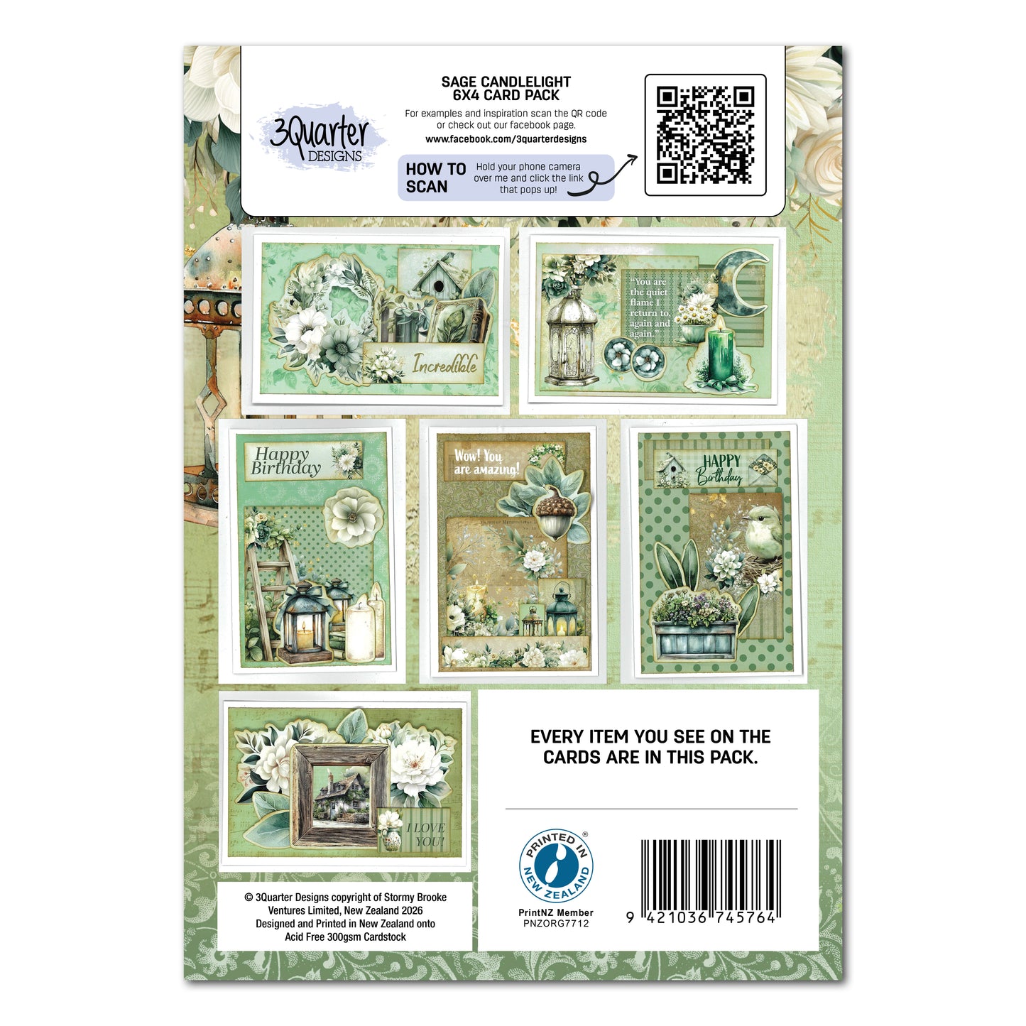 3Quarter Designs - 6x4 Card Making Pack - Sage Candlelight