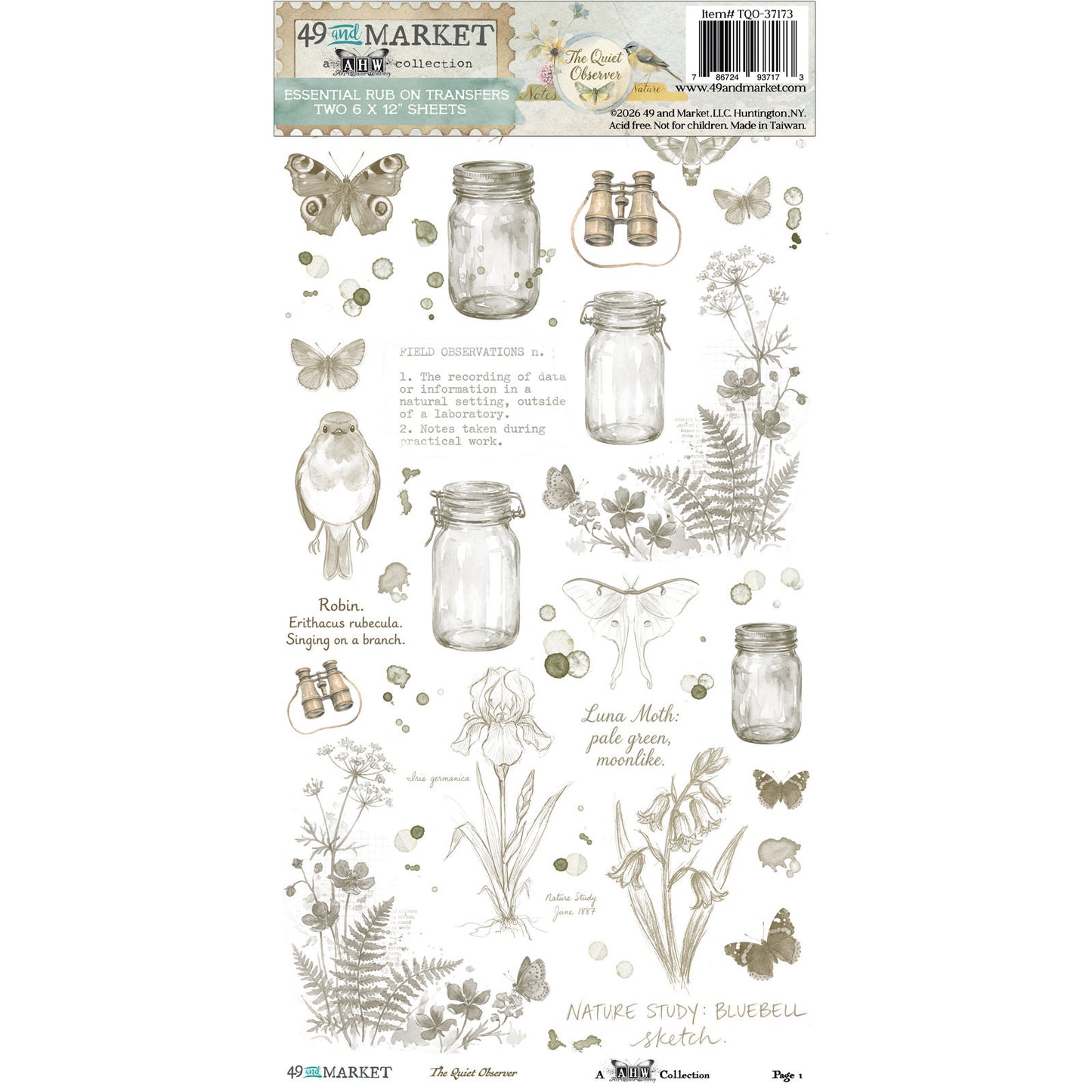 49 and Market - The Quiet Observer - Essentials Rub-On Transfer Set 6"X12