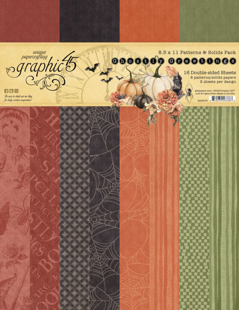 Collection of Halloween-themed paper sheets with patterns and solids pack by Graphic 45.