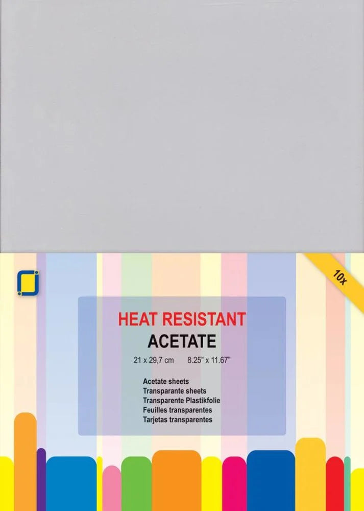 Packaging of heat resistant acetate sheets with colorful design and text.