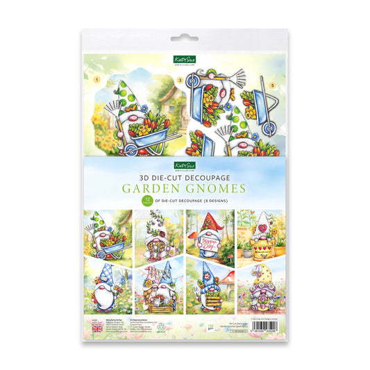 Package of 3D die-cut decoupage garden gnomes with colorful illustrations on a white background.