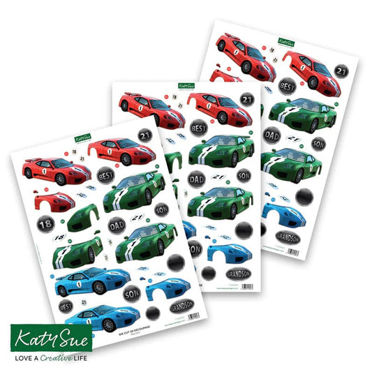 Katy Sue - Die Cut 3D Decoupage - Fast Cars (1/sheet) - The Crafty Kiwi