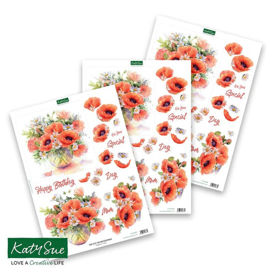 Katy Sue - Die Cut 3D Decoupage - Poppies in Vase (1/sheet) - The Crafty Kiwi