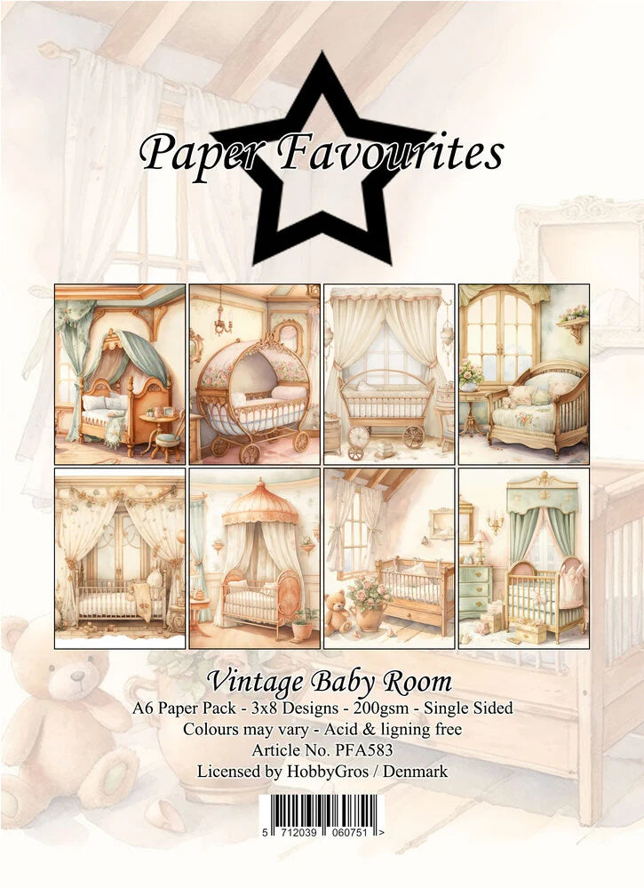 Product packaging for 'Paper Favourites' vintage baby room paper pack with illustrations of baby rooms.
