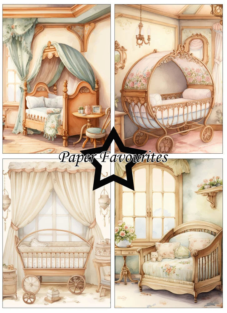 Collage of vintage-style nursery furniture with 'Paper Favourites' branding.